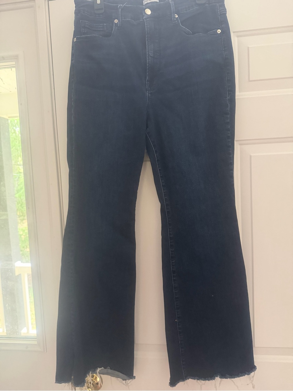 Good American Dark Blue High-Waist Flare Jeans with Raw Hem